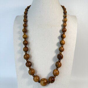 Wooden Bead Necklace Brown Long Length Natural Wood Boho Chunky Bold